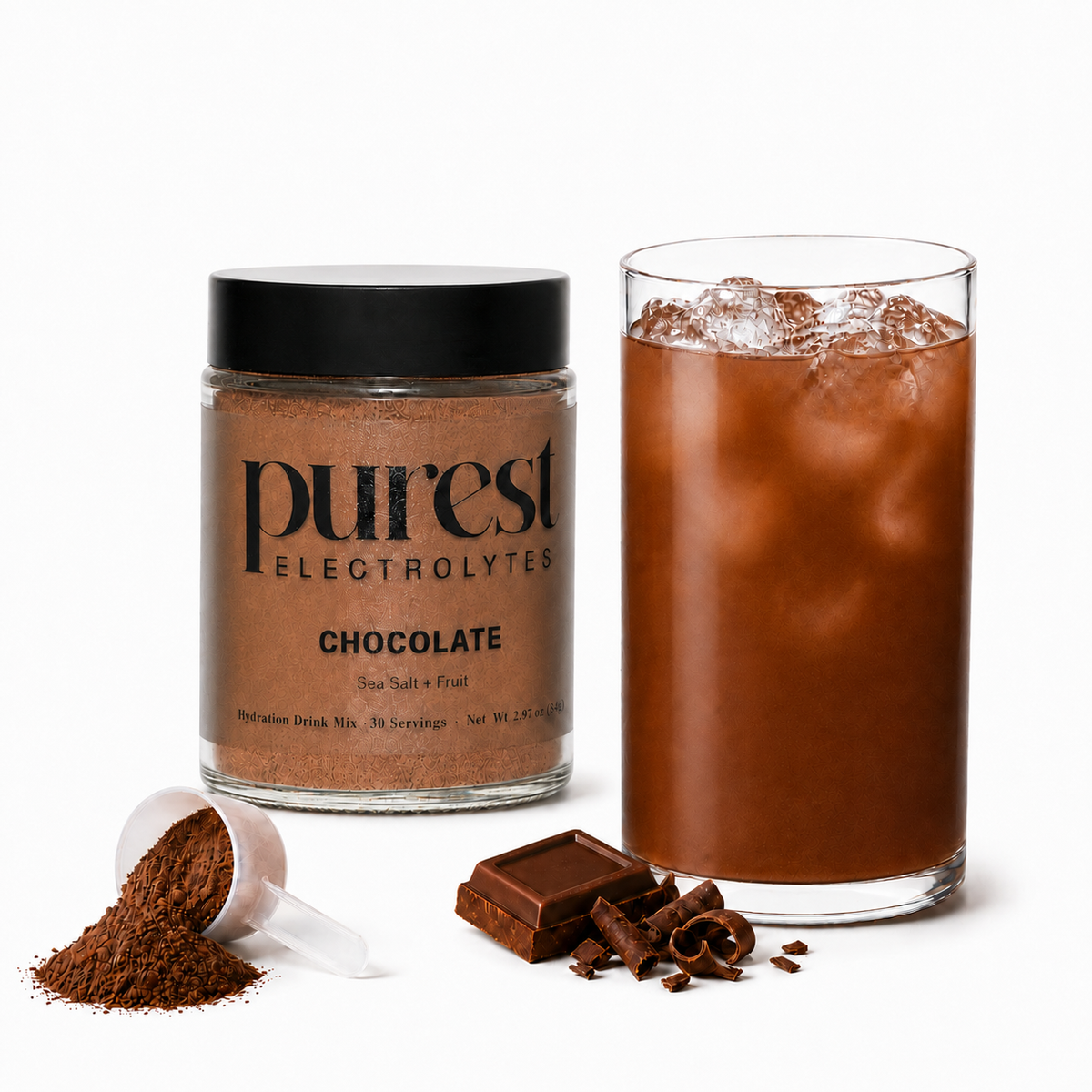 Purest Electrolyte Chocolate jar and glass matched to Passion Cherry scale