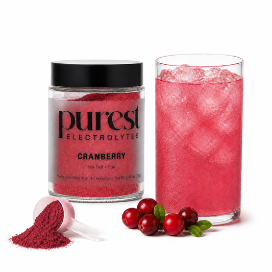 Purest Electrolyte Cranberry jar and glass matched to Passion Cherry scale