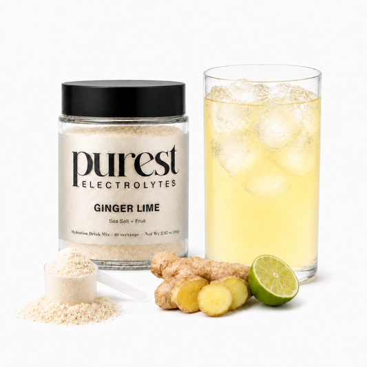 Purest Electrolyte Ginger Lime jar and glass matched to Passion Cherry scale