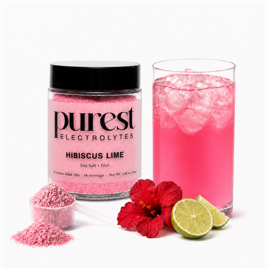 Purest Electrolyte Hibiscus Lime jar and glass matched to Passion Cherry scale