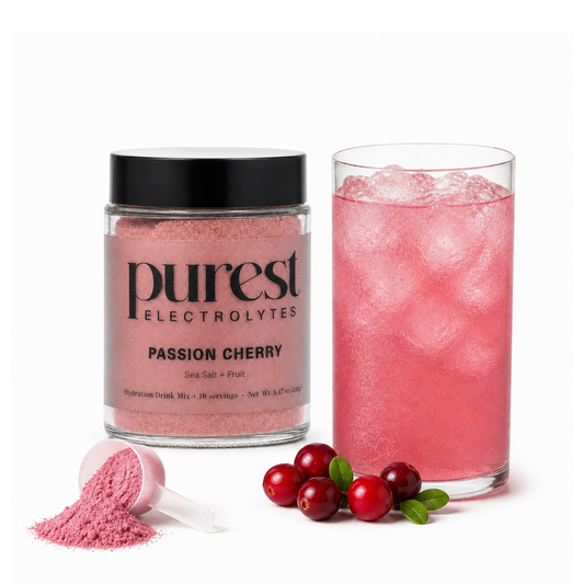 Purest Electrolyte Passion Cherry jar with prepared drink and ingredients